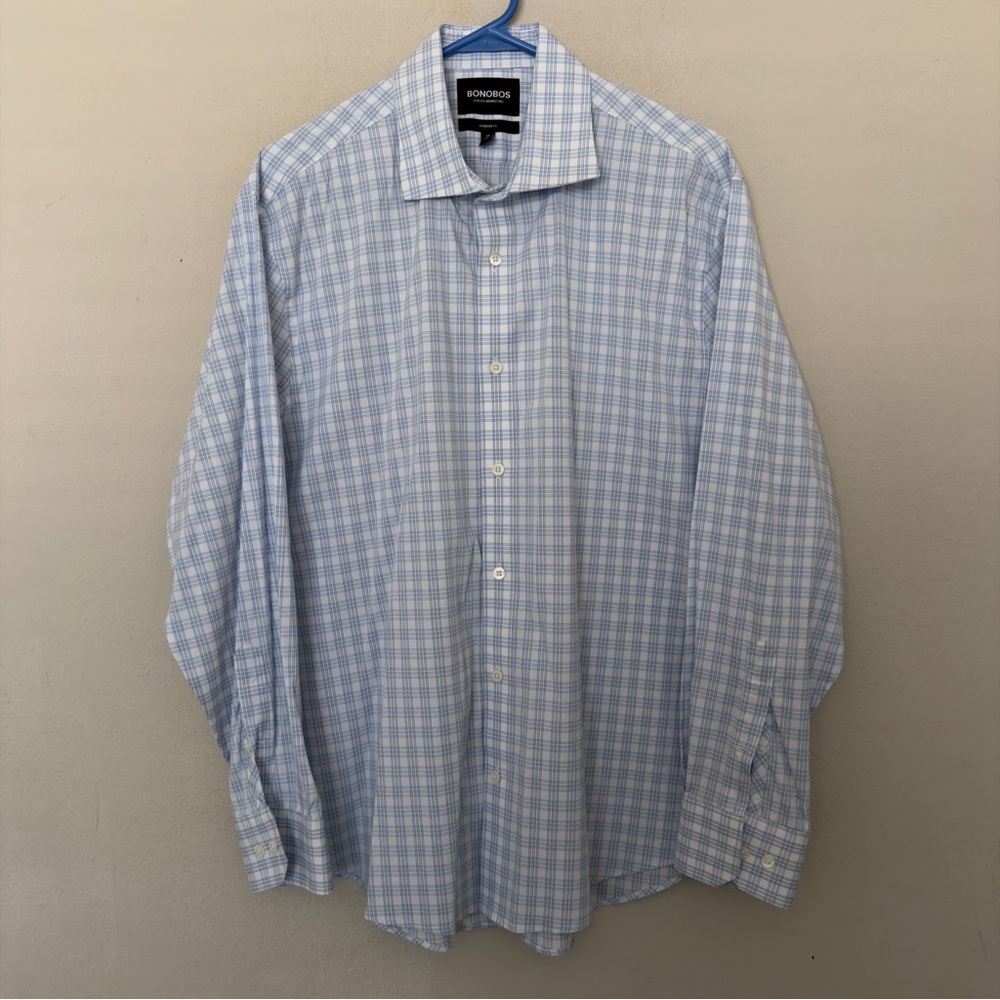 Bonobos Stretch Wrinkle Free Shirt Mens 17 34 Button Up Blue White Check Spread